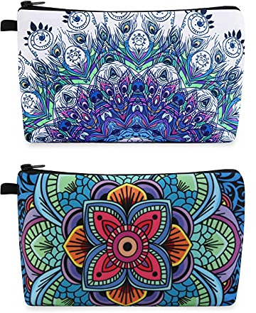 MAGEFY Makeup Bag, 2 Styles Travel Cosmetic Bag for Women Cosmetic pouch Elegant Blue Patterns Zipper Pouch Waterproof Makeup Pouch Cute (2 Packs, Peacock feather + Mandala pattern 0179)