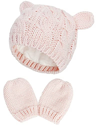 Ensemble de Bonnet et Moufles d'hiver pour Bébés - Bonnet Tricoté Chaud et Gants pour Bébés de 3 à 6 Mois (Rose)