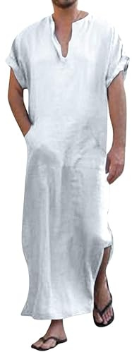 YAOHUOLE Herren Leinen Kurzarm Robe Islamische Kleidung Herren Beiläufig Caftan Baumwolle Loungewear Weiß M