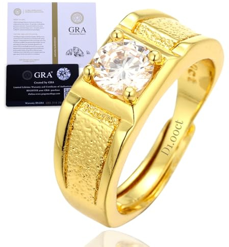 Halukakah Anello Uomo Moissanite D1,0 ct Argento Sterling 925 Placcato Oro 18k con Certificato,Diamanti da Laboratorio Taglio Rotondo Stile Audace a Griffe,per Fidanzamenti,Matrimoni,Misura Regolabile