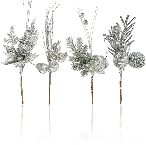 com-four® 4x composizioni decorative, ramoscelli come fantastiche decorazioni natalizie, bellissime decorazioni per la stanza, anche per ghirlande e composizioni floreali (argento - medio)