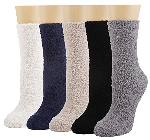 HIALTODAY 5 Paar Kuschelsocken Damen, Flauschige Bettsocken aus Korallenfleece, Dicke warme Plüschsocken, Weiche bequeme Flauschsocken im Winter