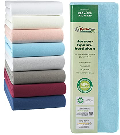 BaSaTex Bio Jersey Premium Spannbettlaken | Spennbetttuch für Wasserbetten und Boxspringbetten | 97% Baumwolle GOTS Zertifiziert + 3% Elasthan | 200x220-220x220 + 42cm Steghöhe | Farbe: Hellblau