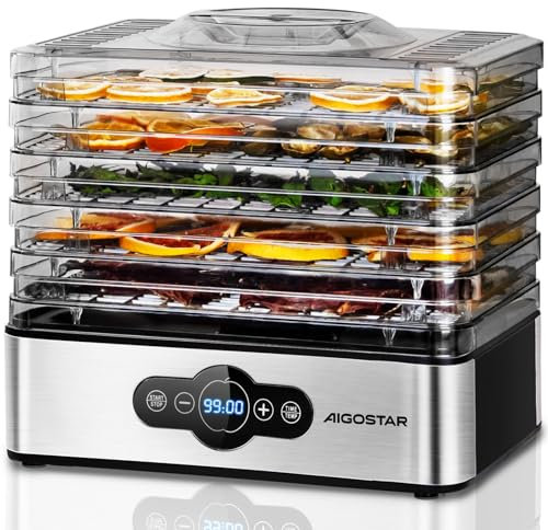 Aigostar 5 Tier Food Dehydrator, 240W Food Dryer Machine with 99 H-Timer, 35-70℃ Temperature Adjustable and LED Display for Drying Fruit, Meat, Vegetable, Jerky and Pet Treat, BPA Free - Crispy 12YXA