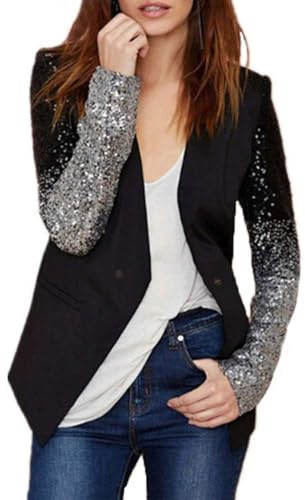 Chaqueta blazer de mujer con lentejuelas brillantes, manga larga, ajustada, parte delantera abierta, solapa, chaqueta de oficina, abrigo, informal, fiesta, A negro., XS