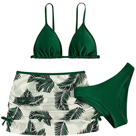 Maillot De Bain Enfant Fille Triangle 6-16 Ans Ensembles de Bikini 3 Pieces Haut De Maillot De Bain Rembourré + Tanga Ado Fille Tropical Plage Piscine Natation Vacances (Green, 9-12 Ans)