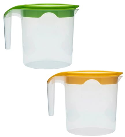 Set of 2 Plastic Water Jug with Lid 1Litre Milk Juices Drinks Fridge Jug Ideal for Everyday Use Indoor Outdoor Party (Green & Yellow)