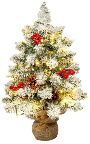Uten Konstgjord mini-julgran, 55 cm/1,8 fot/1,8 fot snö flockad skrivbord liten julgran med 40 LED-ljusslingor, 4 grupper röda bär, 5 tallkottar, säckvävsbas för skrivbord juldekoration