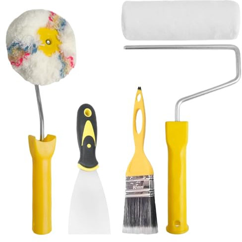 Juego de Rodillo Pintura Pared, Incluye Cepillo para Esquinas, pala, Brocha, Rodillo para Pintar, Duradero y Fácil de Limpiar, Rodillos para Pintar Paredes, para Paredes y Techos Exteriores (amarillo)
