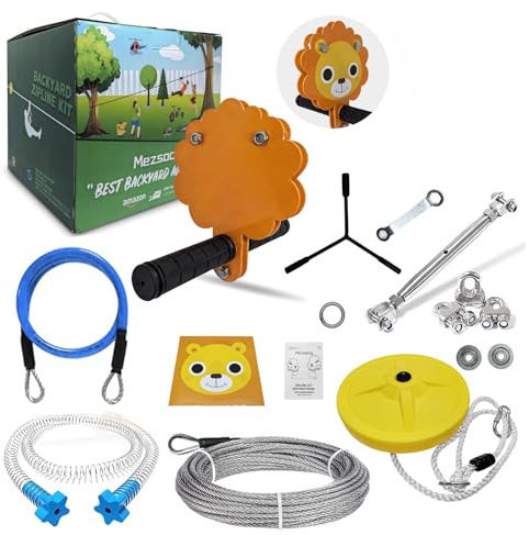Slackline Set Tyrolienne Enfant Zipline kit 24m 80FT tyrolienne pour Enfants et Adultes, Jeu d'aventure, jusqu'à 150kg résistant, câble de sécurité et Frein à Ressort,Style Lion Orange