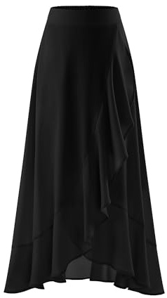 Timormode Women Midi Skirt Ruffle 2025 Summer Beach Skirts Flowy Boho Elastic Waist A-line Chiffon Casual Split Long Skirt TMS8006 Black L