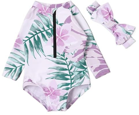 Bañador Niña Protección UV Traje de Baño de Una Pieza de Manga Larga Bañadors Recien Nacido con Cremallera Proteccion Solar con Estampado Swimwear Natación Infantil con Diadema para Piscina Playa