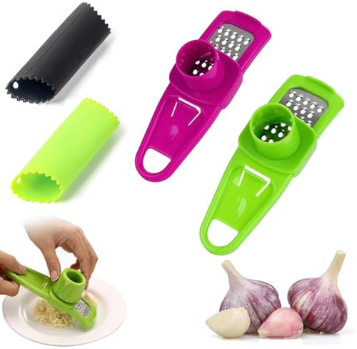 GGUFAY 2 Pcs Aglio Grattugia,Spremiaglio in Acciaio Inox,2 Pelatrici per Aglio,Spremiaglio con Pela Aglio Silicone, Spremiagrumi Allo Zenzero Schiaccia Aglio Facile da Usare e da Pulire