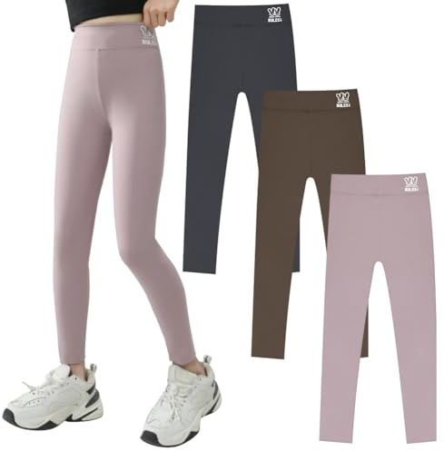 HOTUT Leggings för flickor, hög midja, sportleggings, basic långa sportbyxor barn, sportleggings flickor, elastiska fitnessbyxor, sportbyxor enfärgade för dans, yoga, vardag, 3 stycken – tre färger