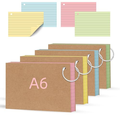 A6 Flash Cards 160Pcs Revision Cards (148x105mm) Double Sided Record Cards with Metal Binder Ring Assorted Colours Index Cards Lined for School Learning Office Work