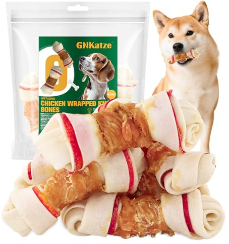 Huesos masticables para perros con revestimiento de carne de pollo para perros de 4,5 pulgadas, para perros medianos