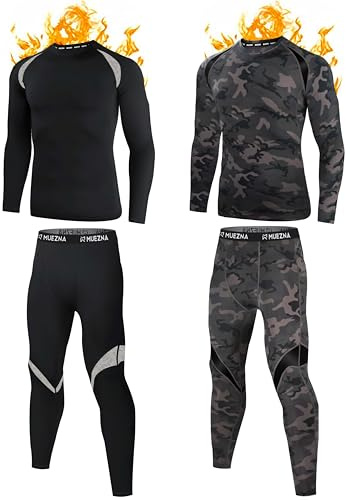 Muezna Men's Thermal Top and Bottom Set Underwear Long Johns Base Layer with Soft Fleece Lined, Camouflage Black 2-pairs, Large
