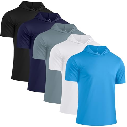 HovSiyla 5 Pack Mens Athletic Dry Fit Hoodie Shirts Workout Casual Sun Protection Hiking Sweatershirt Short Sleeve Sports Gym Tops Black Mid-Gray Navy-Blue White Azure Mdeium
