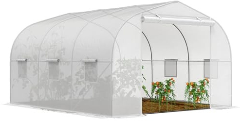 Outsunny Serra da Giardino, Serra a Tunnel per Giardino con Porta a Rullo e 6 Finestre, per Orto in Polietilene e Acciaio, 3.5x3x2 m, Bianco