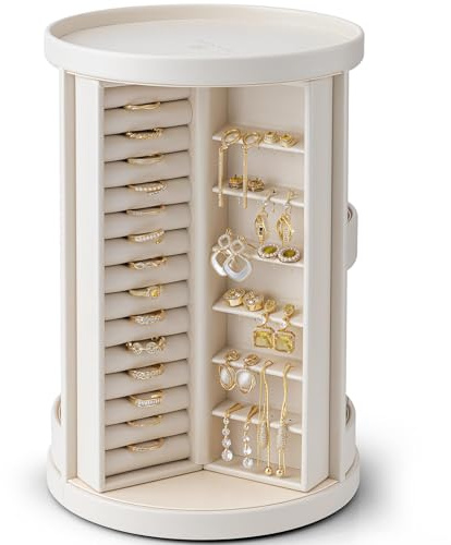 VLANDO Jewellery Organiser 360°Rotating, Jewellery Stand with 6 Hooks, Makeup Organiser, Vertical Jewellery Box for Necklace,Earring,Ring,Bracelets,Open Disign,Beige