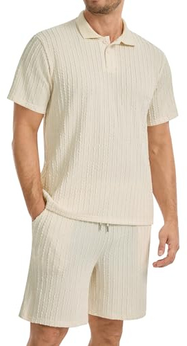 LVCBL Mens Polo Set 2 Pieces Golf Polo Shirt & Shorts Tracksuit Classic Summer T Shirts and Golf Shorts Beige M