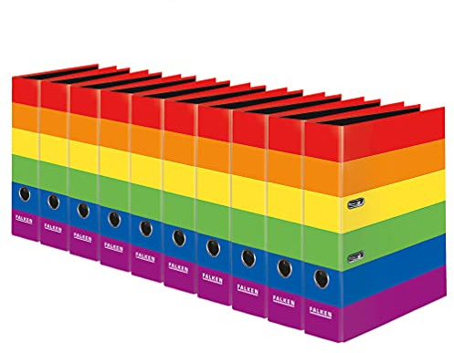Original Falken 10er Pack Motiv-Ordner Harlekin. Made in Germany. 8 cm breit DIN A4 Ringordner Aktenordner Briefordner Rainbow Büroordner Plastikordner Regenbogen Schlitzordner