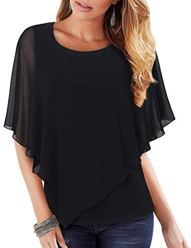 Vafoly Damen Sommer Chiffon Bluse 3/4 arm Bluse Fließend Leicht Doppelt Geschichtet Abendgarderobe Business Freizeitkleidung Täglich Weich und Bequem Schmeichelnde Bluse Schwarz XXL