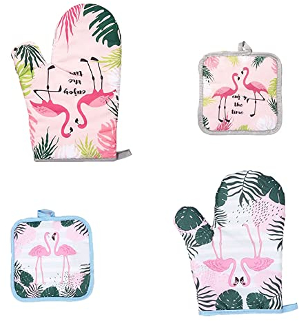 Ofenhandschuh und Topflappen Set Hitzebeständige Topfhandschuhe Baumwolle Kochhandschuhe für Kochen, Backen, Grillen 4 Stück(Flamingo)