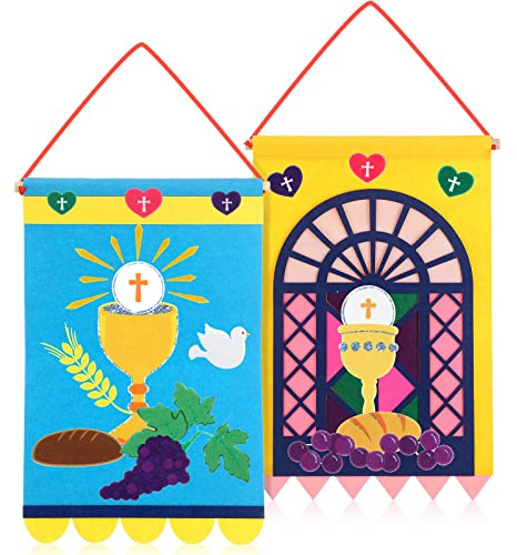 Oudain 2 Sets 12 x 18 Inch First Communion Banner Kit for Boys Girls Catholic Christian Religious Crafts Felt Banner DIY Pew Decoration Holy Communion Gifts for Church Sunday School Crafts Art Decor
