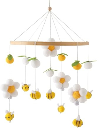 Herfair Bienen Baby Mobiles Bettglocke Blumen, Mobile Baby Windspiele Babybett Anhänger Baby Mobile für Bett Kinderbett Holz mit Filzbällen Dekor Neugeborenen Geschenk (Gelb)