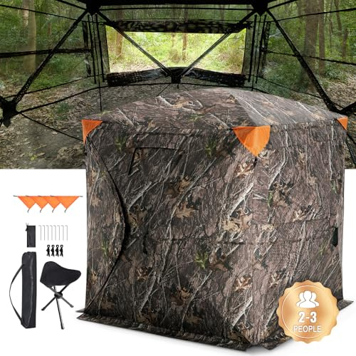 VEVOR Tienda de Caza Portátil Visión de 270° Puesto de Caza Plegable para 2 o 3 Personas con Bolsa de Transporte Tienda de Camuflaje Resistente Malla de Visión Unidireccional, 1480 x 1480 x 1700 mm