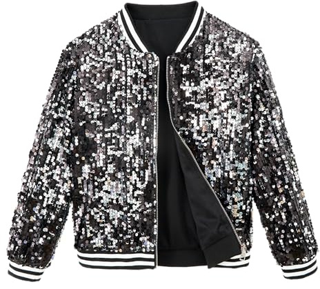 LOLANTA Girls Sequin Bomber Jacket with Pockets Zipper Long Sleeve Sparkle Baseball Jackets, Black-silver, 8-9 Years, 140