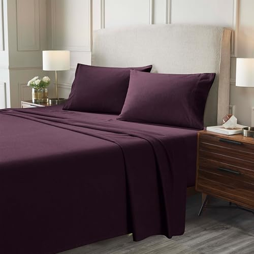 Superior Flannel Brushed Cotton Bed Sheet Set, Soft, Warm Bedding, Modern Solid Sheets, Bedroom Decor, 1 Flat Sheet, 1 Elastic Deep Pocket Fitted Sheet, 2 Pillowcases, California King, Purple