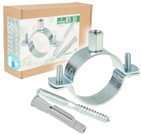 tecuro skruvrörklämma M8/M10 spännområde 74–80 mm galvaniserat stål, inkl. skruvskruv M8 x 120 mm och universell hålighetsplugg – 10-pack kombiset RS7480-S120 rörfäste rörklämma