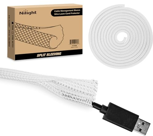 Nilight Cable Sleeve,10ft-1/4inch Cord Management Sleeves, Braided Sleeving, Split Self Wrapping Wire Loom for Computer Electrical Automotive Harness Protector Organizer, White