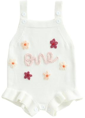 Geagodelia Infant Baby Girl 1st Birthday Knit Romper Knitted Bodysuits Sleeveless Letter Floral Embroidery Ruffle Jumpsuit Pageant Baptism Warm Jumper Overalls Chunky Knitwear (White, 12-18 Months)