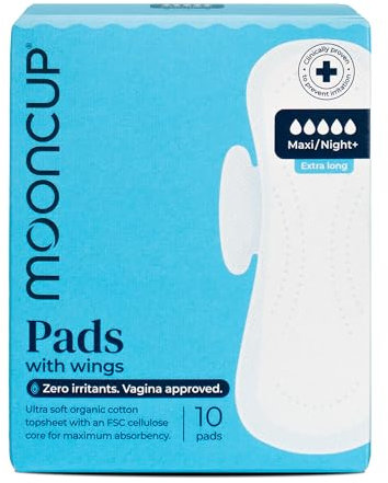 Mooncup® Maxi/Night+ Flow Pads with Wings, Ultra Soft Organic Cotton, 10 Pads