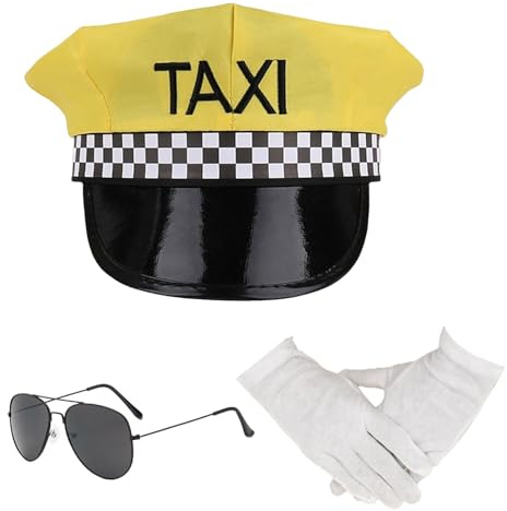 RmKbe Costume de chauffeur 3 pièces - Chapeau de taxi jaune - Lunettes de soleil - Gants de pilote - Casquette de pilote - Accessoires d'Halloween et de cosplay pour homme et femme