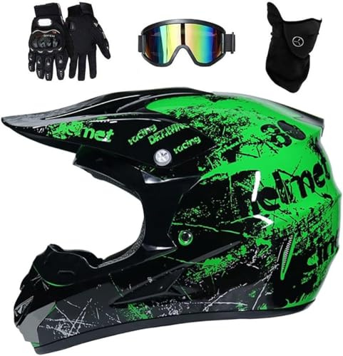Intégral MTB Casque Motocross, avec Lunettes Gants Masque, Adulte Unisexe Hors Route Rue VTT Scooter Casque de Moto, Descente Enduro BMX Quad Moto Cross(Green,L(56~57cm))