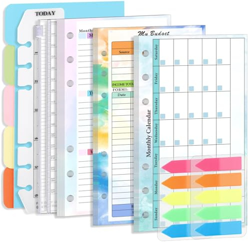 Set di inserti A6 per planner 1 Set Inserti per Raccoglitore A6 a 6 Fori Kit Completo di Ricambio per Raccoglitore Budget con Piano Settimanale Mensile, Pagina Finanziaria, Divisore di Carta, Borsa