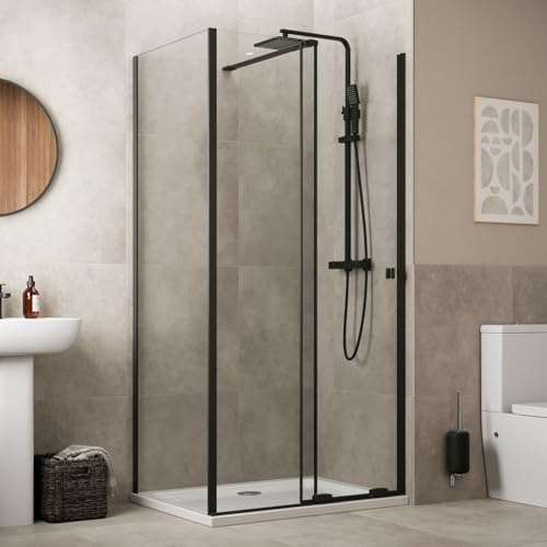 Baystone® 1400 x 900mm Sliding Shower Enclosure Door Screen for Wet Room Cubicle Enclosures, 8mm Safety Glass Space Saving, Side Panel, Frameless, Black