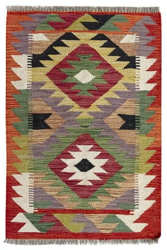 HAMID - Tappeto Kilim Herat, Tappeto Kilim, Kilim Tappeti, 100% Lana, Tessuta a Mano, Tappeti Etnico per Soggiorno, Camera da Letto, Sala da Pranzo, (92x63cm)