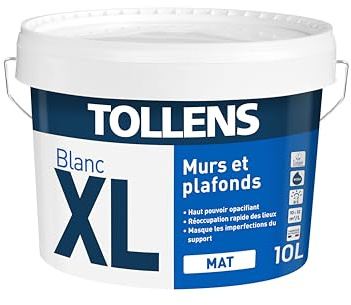 Tollens Peinture Professionnelle Blanche Mat - Spécial Plafond XL Blanc Mat - Opacifiante - 10L = 120m2