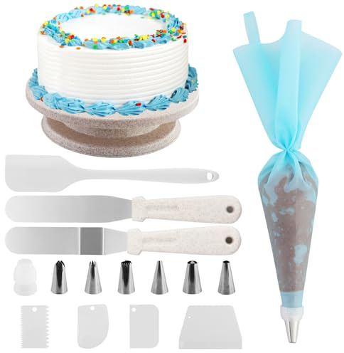 Espositore per torta rotante, vassoio per torta, vassoio girevole, kit per decorazione torta, tavolo per decorazione torta con raschietto per torta, spatola, sacchetti per portalampada e punte a