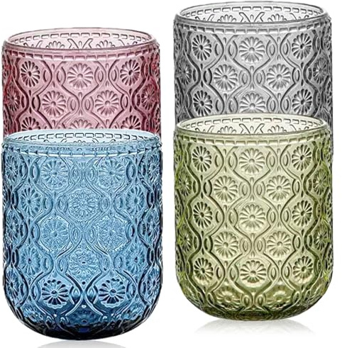 Juego de 4 vasos de agua multicolor, 260 ml, vasos de agua multicolor, apilables, vasos de cocina, para oficina, exterior, agua, bebida, zumo, fiesta y vida cotidiana