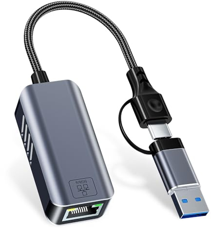 USB C to Ethernet Adapter 5 Gbps, USB-A & USB-C to RJ45 LAN 5000 Mbps Wired Network Converter, USB to Ethernet Adapter Compatible with Thunderbolt 4/5, MacBook, Windows, MacOS, Linux, iPhone 17/16/15