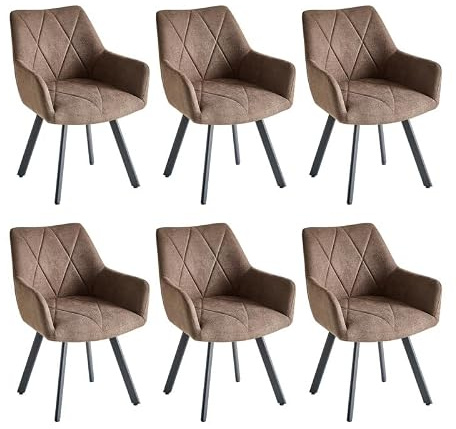 DEYARNA HOME Set med 6 roterande matstolar med armstöd, 360° roterbara vadderade köksstolar med linneöverdrag och metallben, för matsal, vardagsrum, sovrum och kontor (brun)