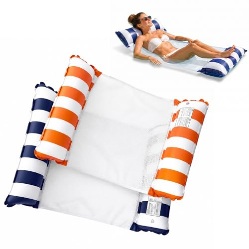 Bouee Piscine Adulte 2 Pièces, Matelas Piscine Gonflable, Hamac de Piscine 4 en 1, Matelas Filet Eau, Flotteur de Piscine Pliable pour Été Lac Plage, Design Ergonomique, Bleu et Rayé