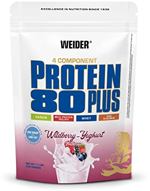 Weider - Protein 80 Plus - 4-Komponenten Protein Pulver - Hoher Proteingehalt mit 80% Eiweiß - Cremige Shakes mit Calcium & Vitamin B6 - 500g - Waldfrucht-Joghurt