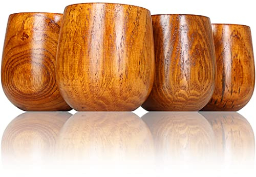 Ganzoo 4-pack dekorationsmuggar i trä, mörkbruna koppar 150 ml, enkel rund design, ytbehandlad yta, träbägare för badrum som tandborstmugg, för vatten, bordsdekoration, liten vas och förvaring, 80 mm